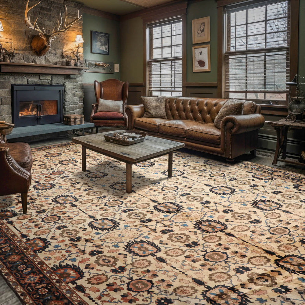 Palace Ivory, Midnight Blue, Olive Green Color Hand Knotted Mahal 100% Wool Traditional Oriental Rug