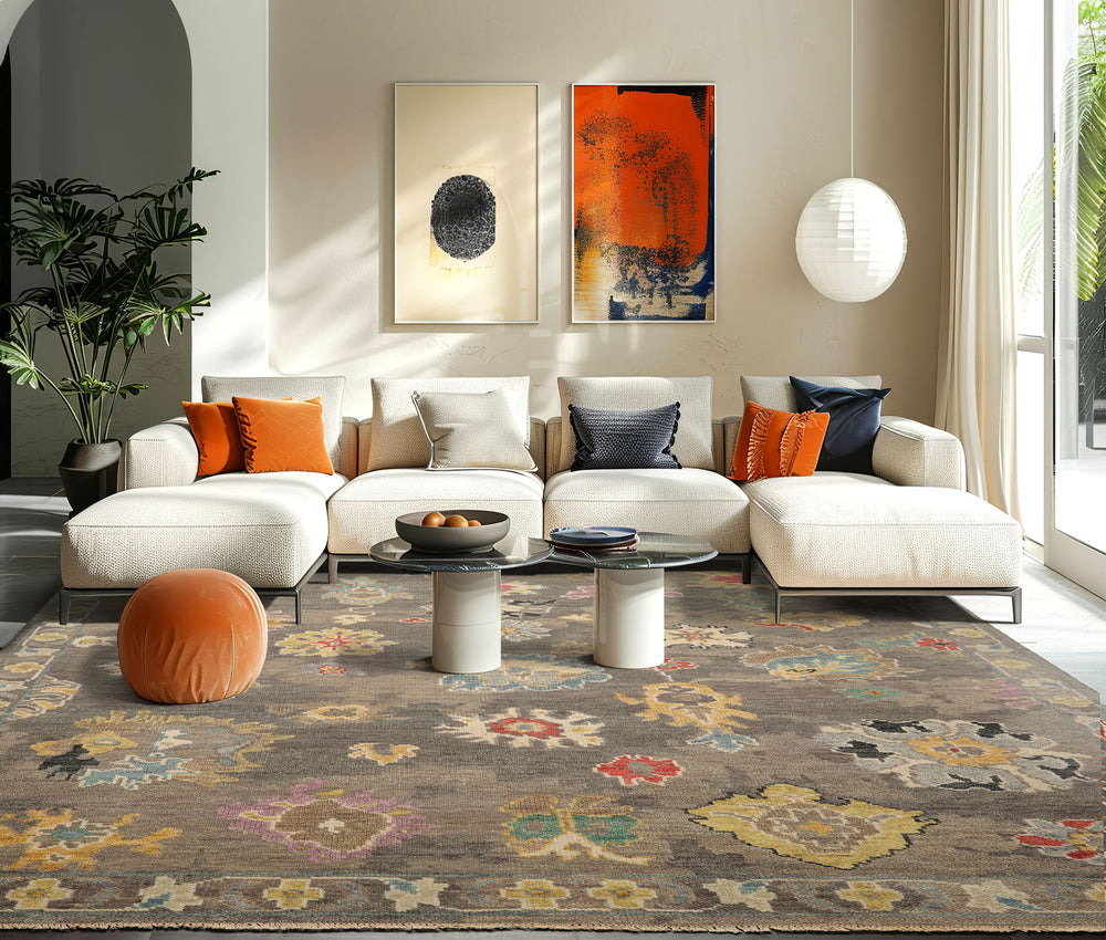 Multi Size Taupe Ivory Aqua Color Hand Knotted Oushak Wool Transitional Oriental Rug