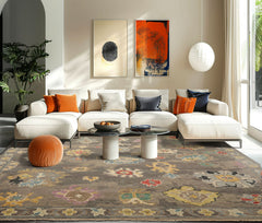 Multi Size Taupe Ivory Aqua Color Hand Knotted Oushak Wool Transitional Oriental Rug