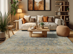 Multi Size Blue Tan Beige Color Hand Knotted Oushak Wool Traditional Oriental Rug