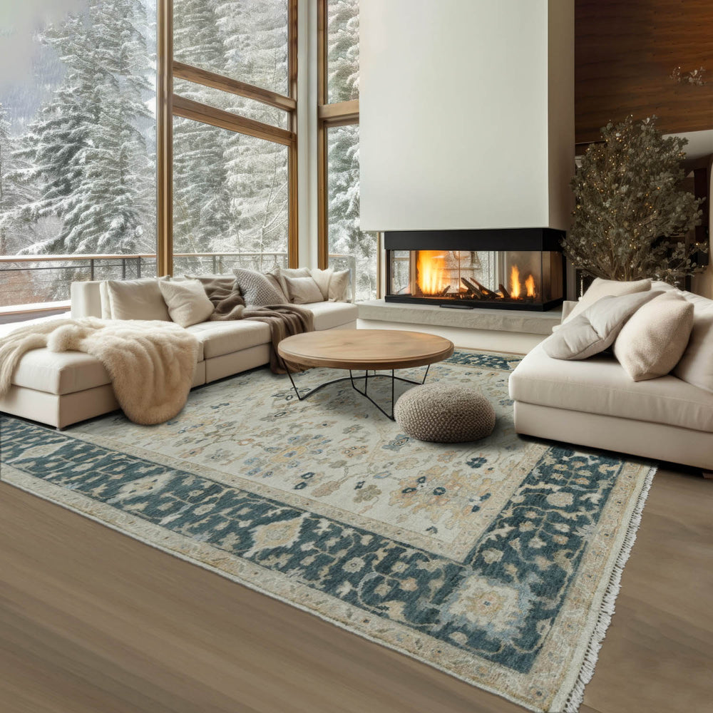 Multi Size Beige Blue Gray Color Hand Knotted Turkish Oushak Wool Traditional Oriental Rug