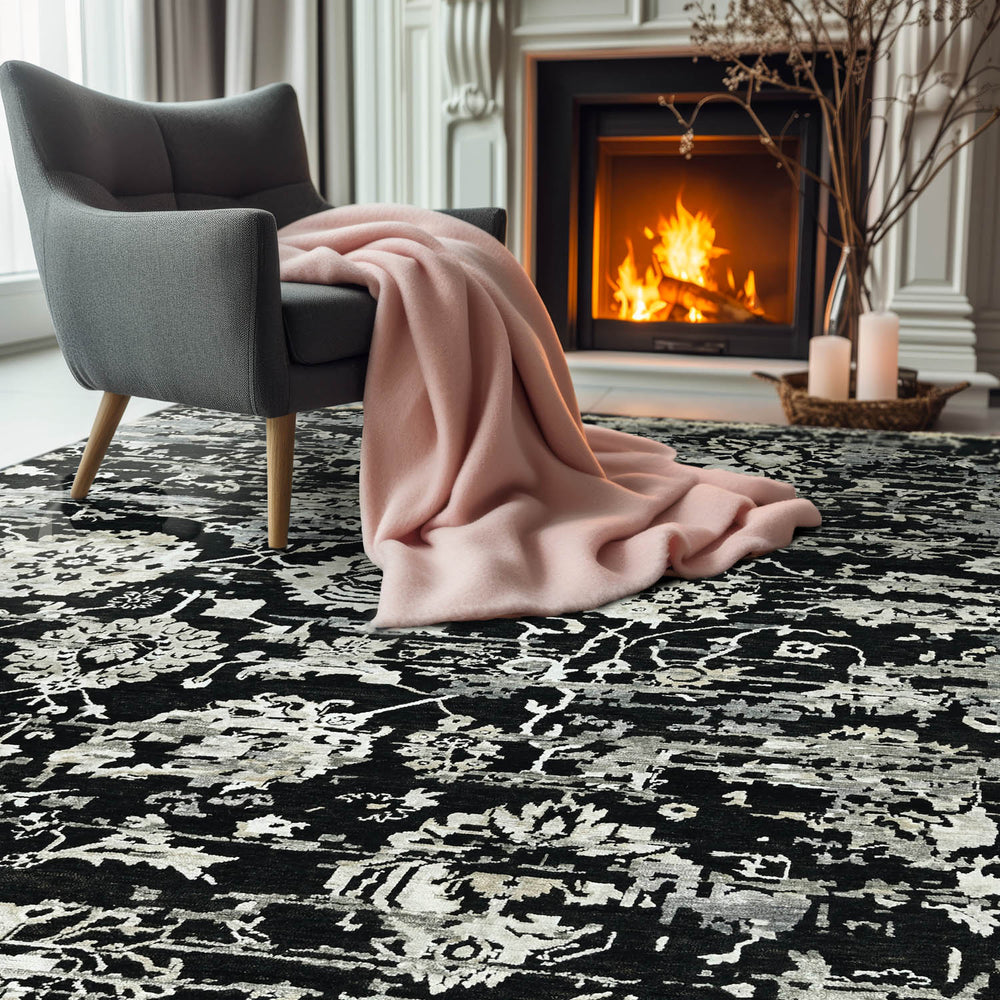 8x10 Black, Gray, Color Hand Knotted Wool Transitional Oriental Rug