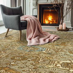 5x8 Gold, Beige, Blue Color Hand Knotted Oushak Wool Traditional Oriental Rug