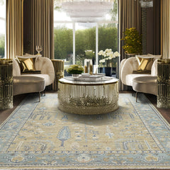 Multi Size Warm Beige Aqua Ivory Color Hand Knotted Oushak Wool Traditional Oriental Rug