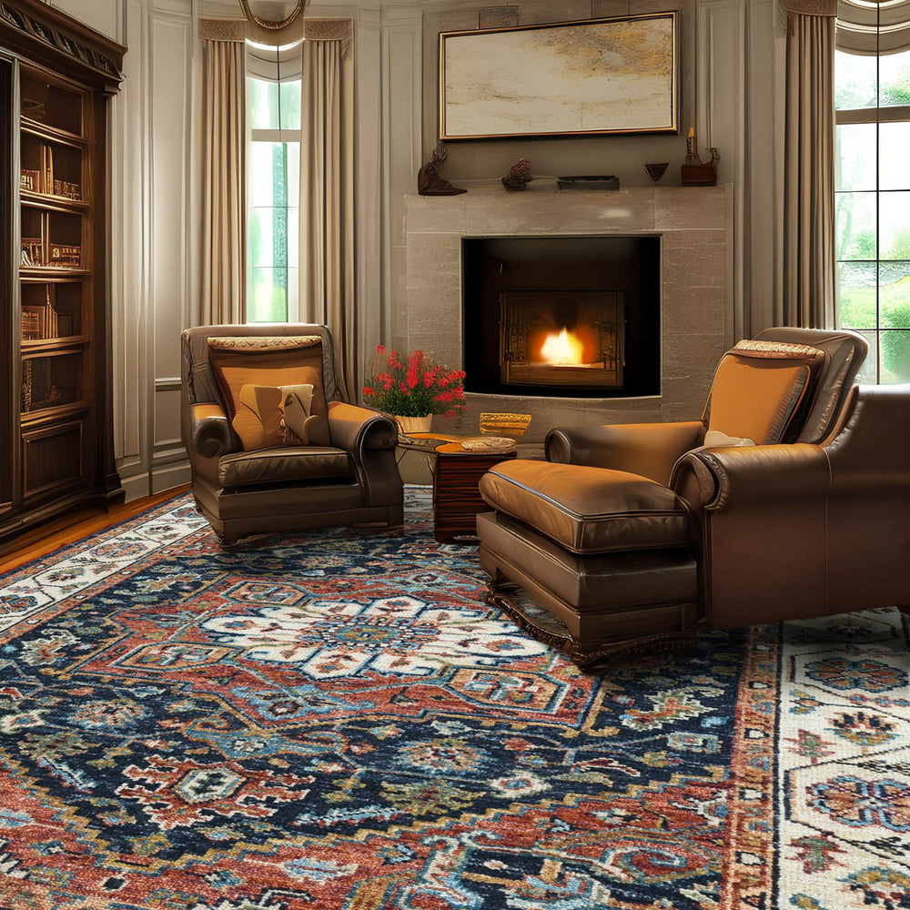 Multi Size Navy Ivory Brunt Orange Color Hand Knotted Oushak Wool Traditional Oriental Rug