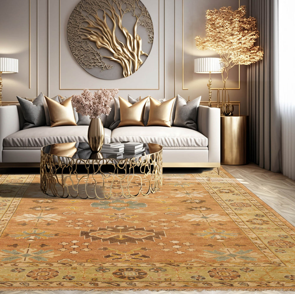 6x9 Caramel, Pistachio, Brown Color Hand Knotted Oushak Wool Traditional Oriental Rug