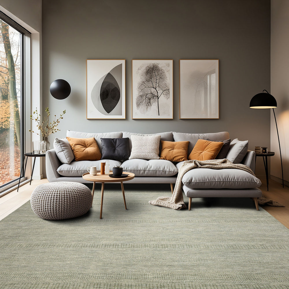 Multi Size Sage Ivory Color Hand Knotted Tibetan Wool & Bamboo Silk Contemporary Oriental Rug