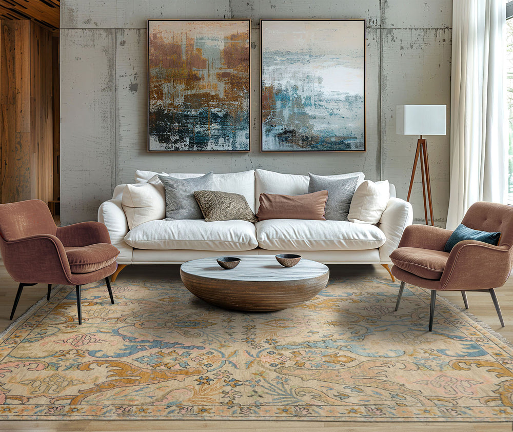 Multi Size Beige Blue Aqua Color Hand Knotted Oushak Wool Transitional Oriental Rug