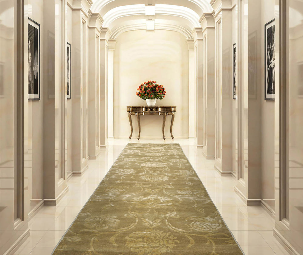 3x12 Tone on Tone Green, , Color Hand Knotted Tibetan Wool & Silk Transitional Oriental Rug