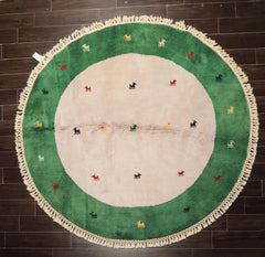 Round Faded Lavender, Green, Gold Color Hand Knotted Gabbeh Wool Modern & Contemporary Oriental Rug