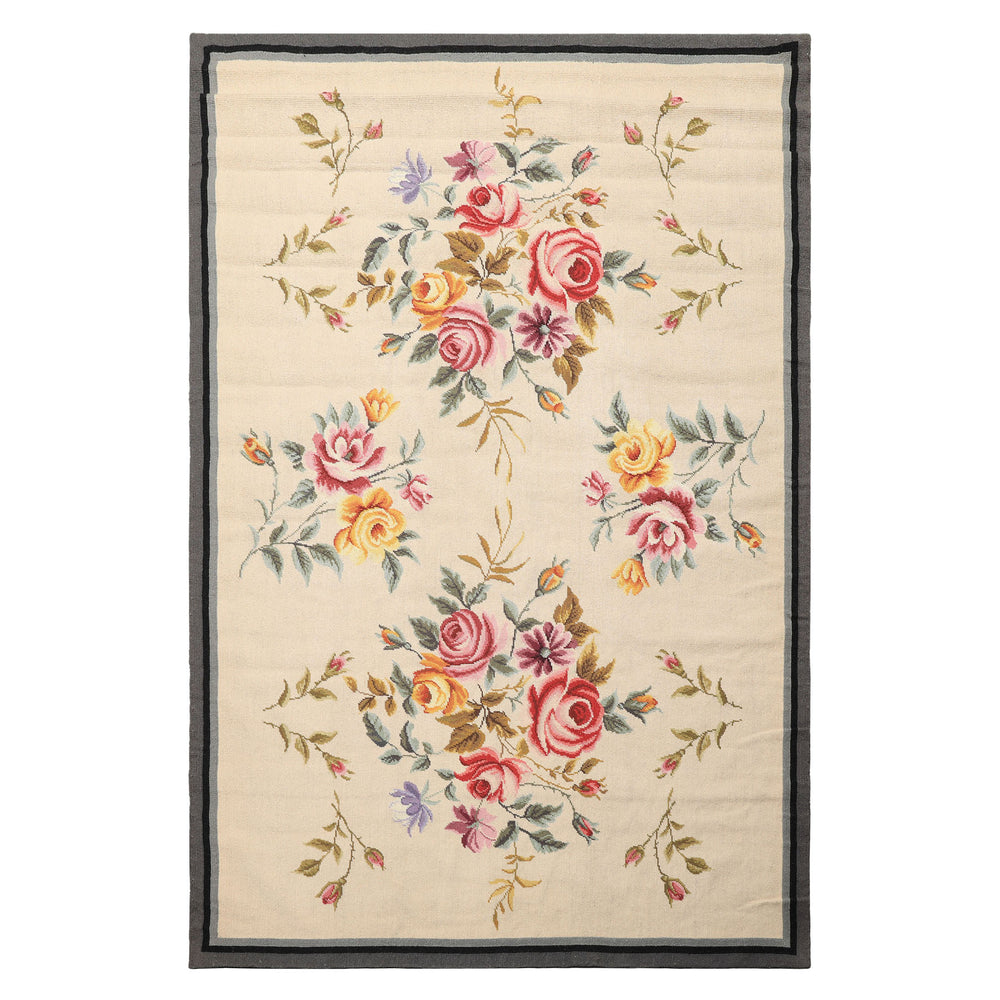 4x6 Ivory, Gray, Black Color Hand Knotted French Aubusson Needlepoint Wool Traditional Oriental Rug