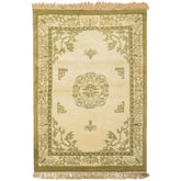 4x6 Ivory, Olive, Green Color Hand Knotted Indo Tibetan Wool Oriental Rug