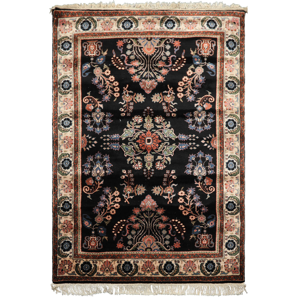 4x6 Black, Ivory, Sage Color Hand Knotted Indo Sarouk New Zealand Wool Traditional Oriental Rug