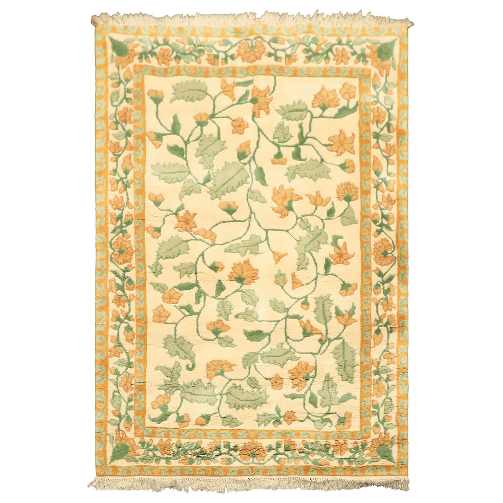 4x6 Ivory, Gold, Green Color Hand Knotted French Aubusson Savonnerie Wool Traditional Oriental Rug