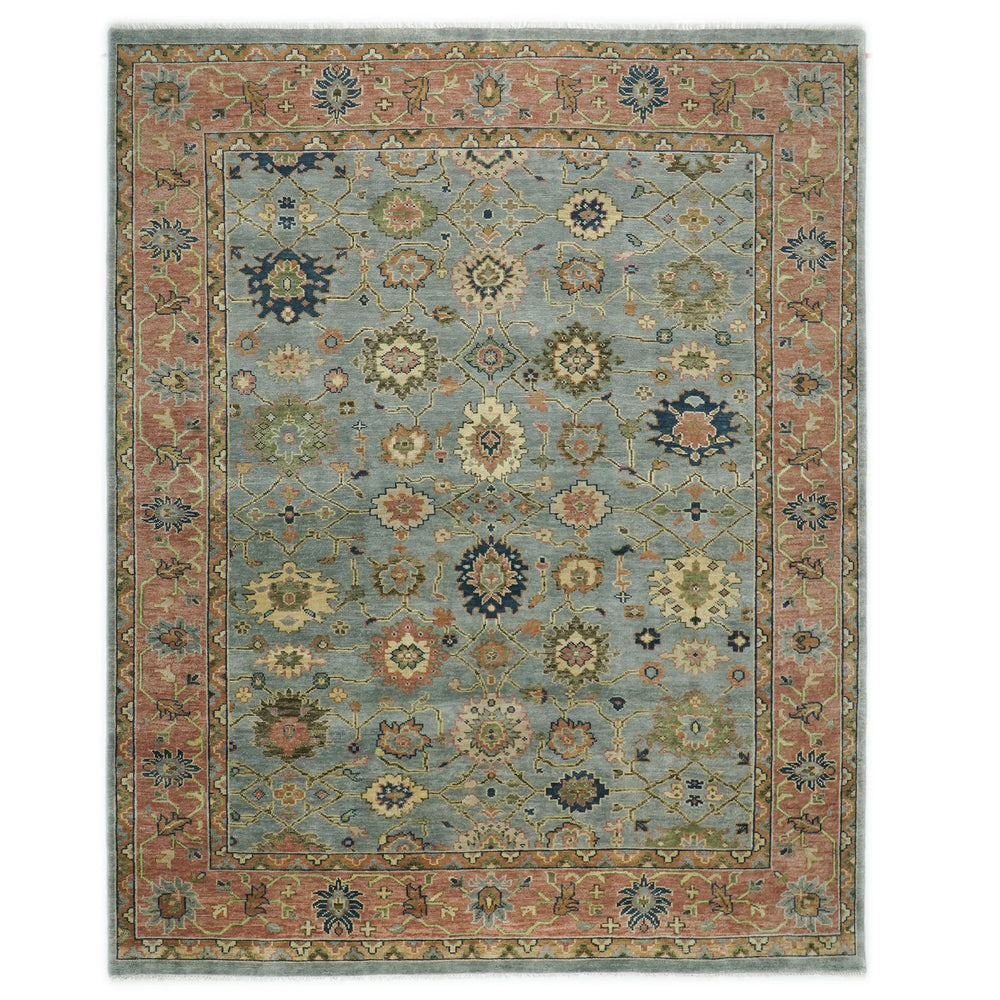 12x15 Blue, Peach, Lime Color Hand Knotted Oushak Wool Oriental Rug