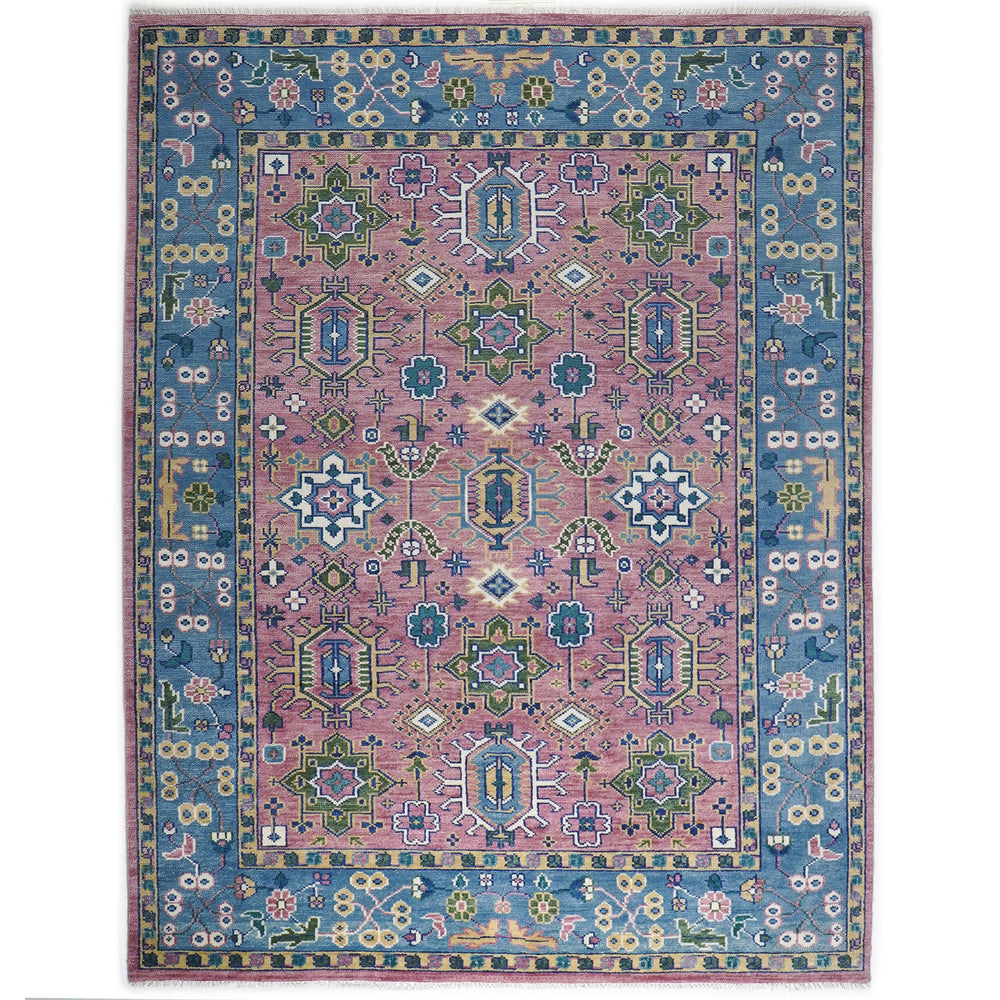 9x12 Pink, Blue, Ivory Color Hand Knotted Oushak Wool Oriental Rug