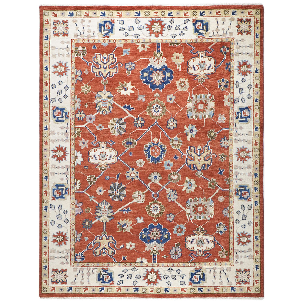 9x12 Burnt Orange, Ivory, Navy Color Hand Knotted Oushak Wool Oriental Rug