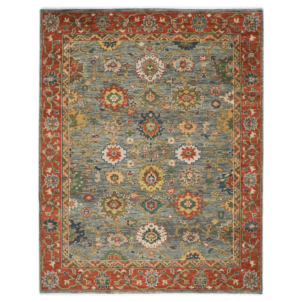 9x12 Blue, Gray, Burnt Orange Color Hand Knotted Oushak Wool Oriental Rug