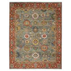 9x12 Blue, Gray, Burnt Orange Color Hand Knotted Oushak Wool Oriental Rug