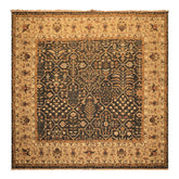 Square Charcoal, Tan, Rust Color Hand Knotted Soumak Wool Transitional Oriental Rug