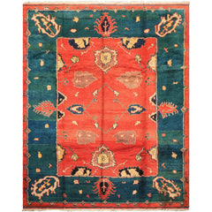 9x12 Coral, Turquoise, Teal Color Hand Knotted Turkish Oushak Wool Oriental Rug
