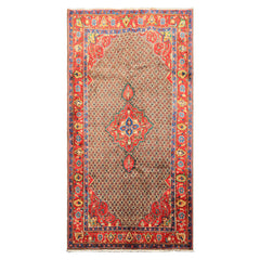 Runner Brown, Coral, Turquoise Color Hand Knotted Hamadan Wool Oriental Rug