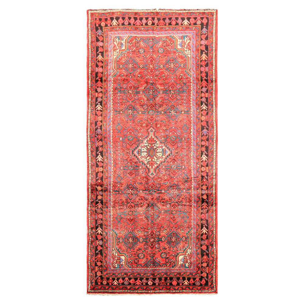 Runner Red, Rose, Charcoal Color Hand Knotted Heriz Wool Traditional Oriental Rug