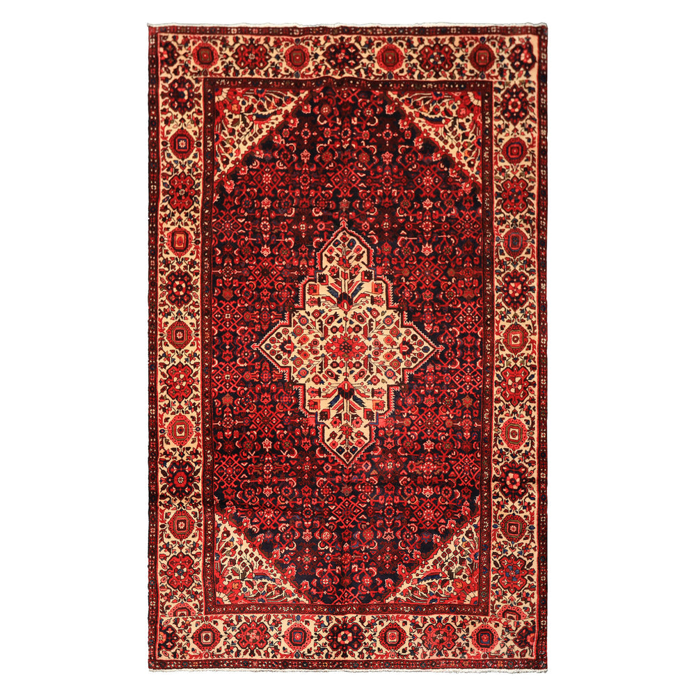 7x11 Midnight Blue, Ivory, Red Color Hand Knotted Hamadan Wool Traditional Oriental Rug