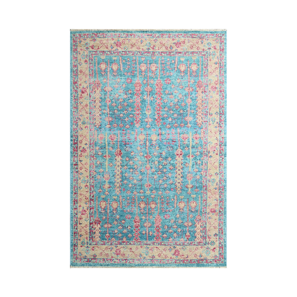 Multi Size Turquoise Light Gold Rose Color Hand Knotted Indo Oushak Wool Traditional Oriental Rug