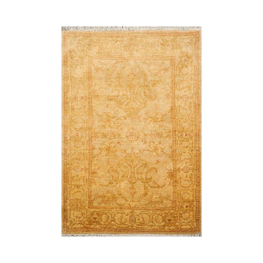 4x6 Light Gold, Brown, Green Color Hand Knotted Chobi Peshawar 100% Wool Traditional Oriental Rug