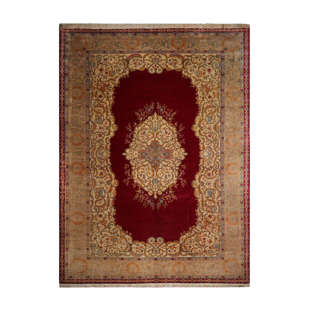Palace Burgundy, Beige, Moss Color Hand Knotted Tabriz 100% Wool Traditional Oriental Rug