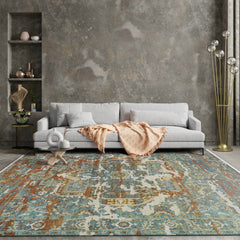 8x10 Beige, Rust, Aqua Color Hand Knotted 100% Wool Transitional Oriental Rug