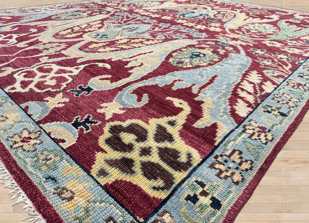 9x12 Wine, Mint, Blue Color Hand Knotted Oushak Wool Oriental Rug