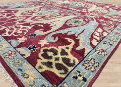 9x12 Wine, Mint, Blue Color Hand Knotted Oushak Wool Oriental Rug