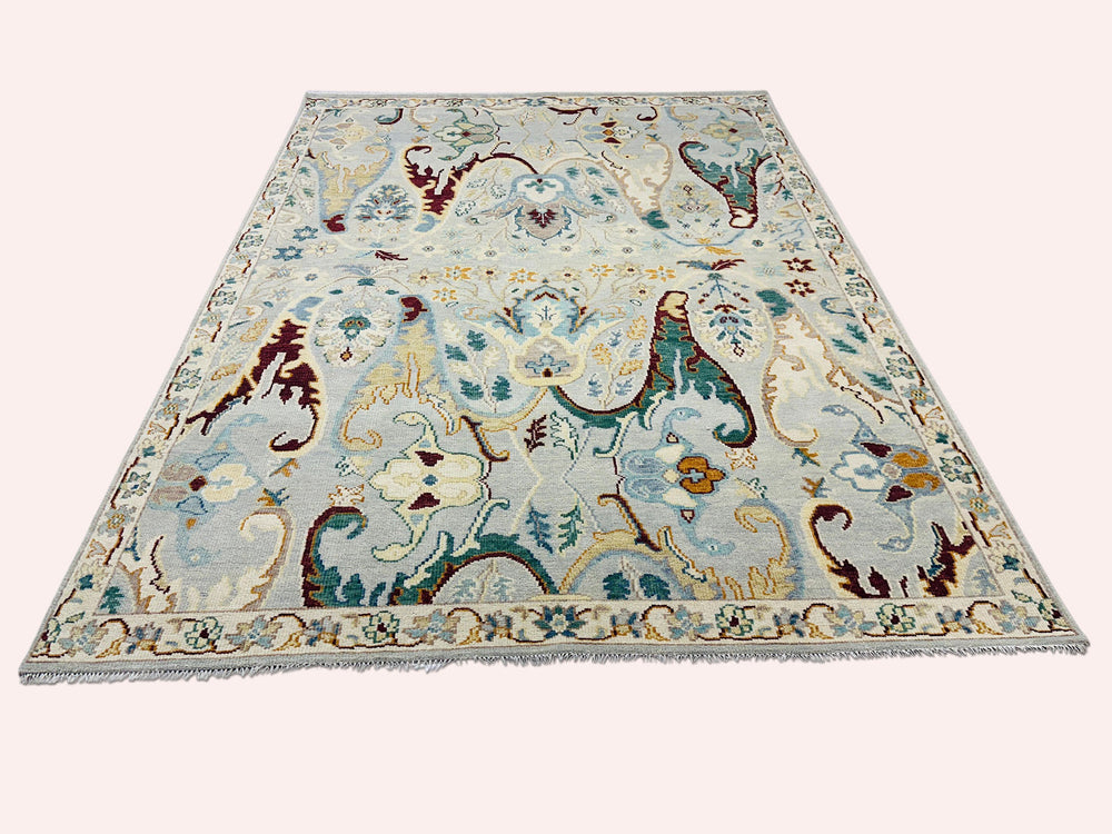 Multi Size Mint Gray Ivory Color Hand Knotted Oushak Wool Oriental Rug