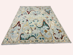 Multi Size Mint Gray Ivory Color Hand Knotted Oushak Wool Oriental Rug