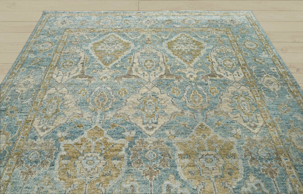 Multi Size Aqua Beige Gold Color Hand Knotted Oushak Wool Traditional Oriental Rug