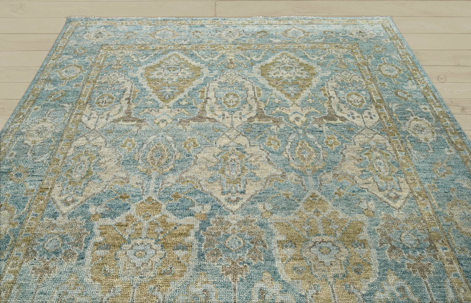 Multi Size Aqua Beige Gold Color Hand Knotted Oushak Wool Traditional Oriental Rug
