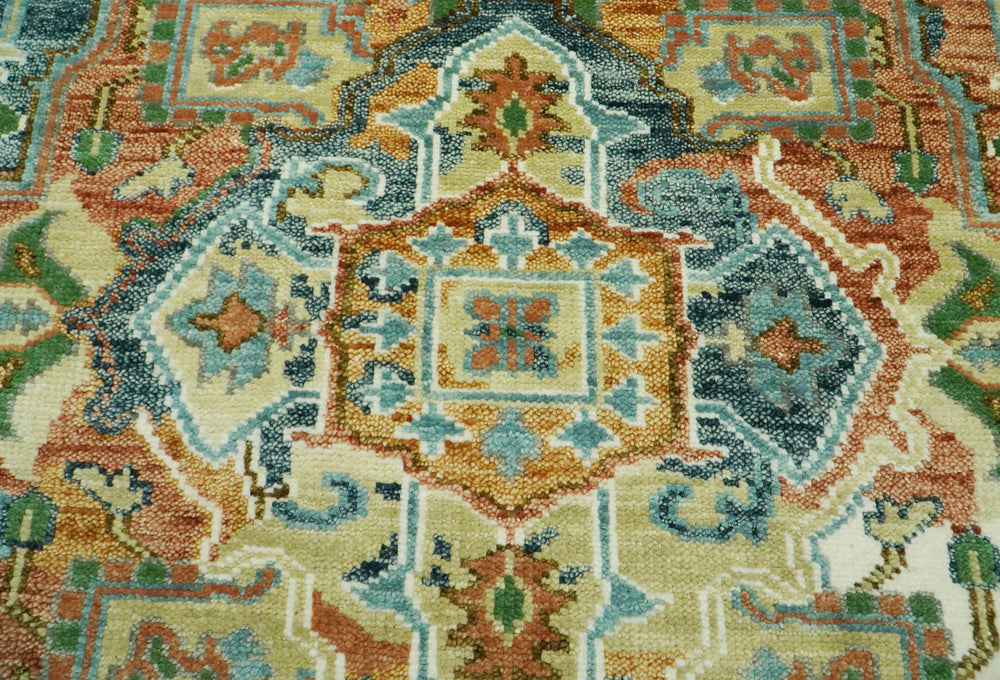 Multi Size Rust Sage Blue Color Hand Knotted Turkish Oushak Wool Traditional Oriental Rug