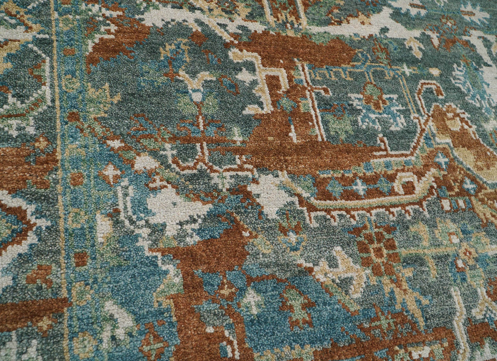 8x10 Beige, Rust, Aqua Color Hand Knotted  100% Wool Transitional Oriental Rug