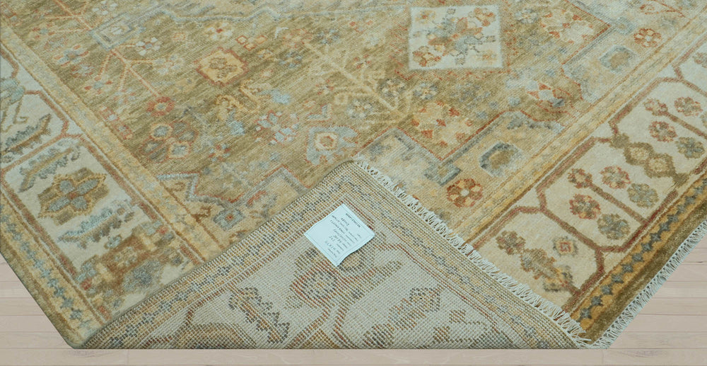 8x10 Green, Beige, Lime Color Hand Knotted Oushak Wool Traditional Oriental Rug