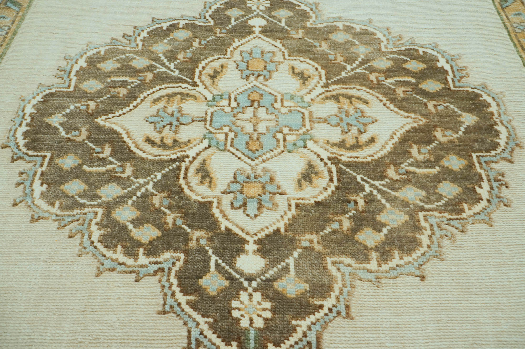 8x10 Beige, Green, Gold Color Hand Knotted Oushak Wool  Oriental Rug