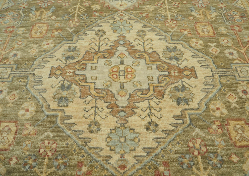 8x10 Green, Beige, Lime Color Hand Knotted Oushak Wool Traditional Oriental Rug