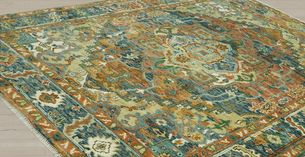 Multi Size Rust Sage Blue Color Hand Knotted Turkish Oushak Wool Traditional Oriental Rug