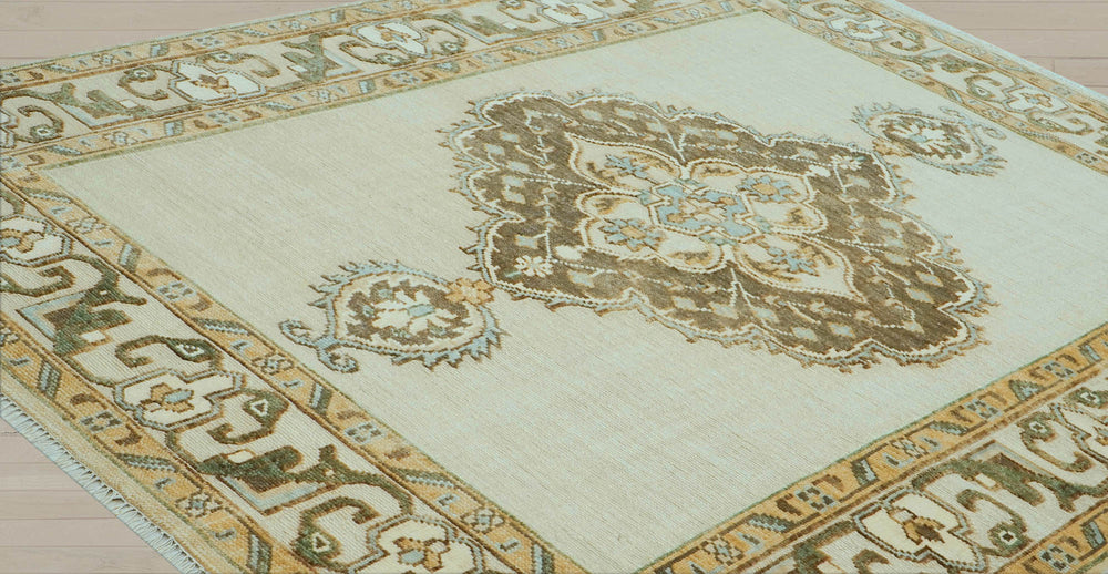 8x10 Beige, Green, Gold Color Hand Knotted Oushak Wool  Oriental Rug