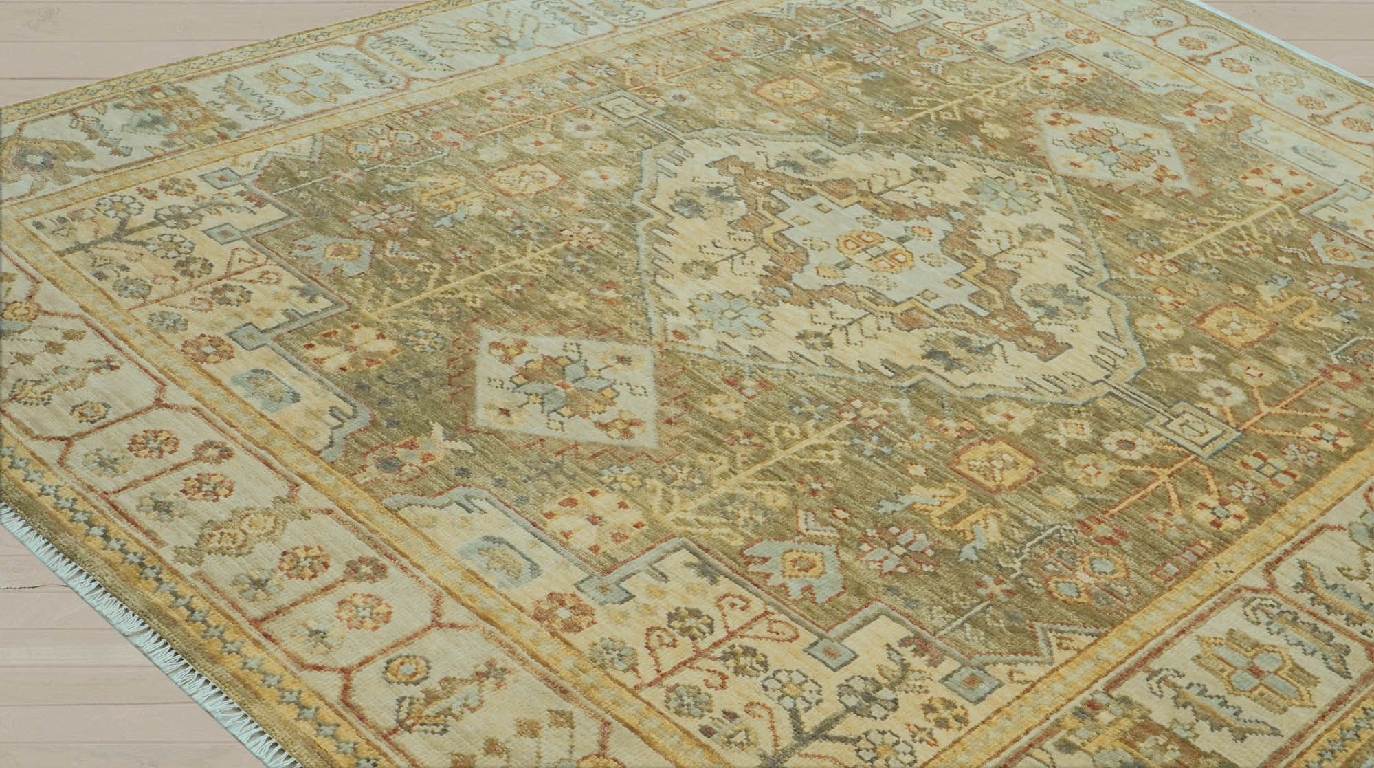 8x10 Green, Beige, Lime Color Hand Knotted Oushak Wool Traditional Oriental Rug