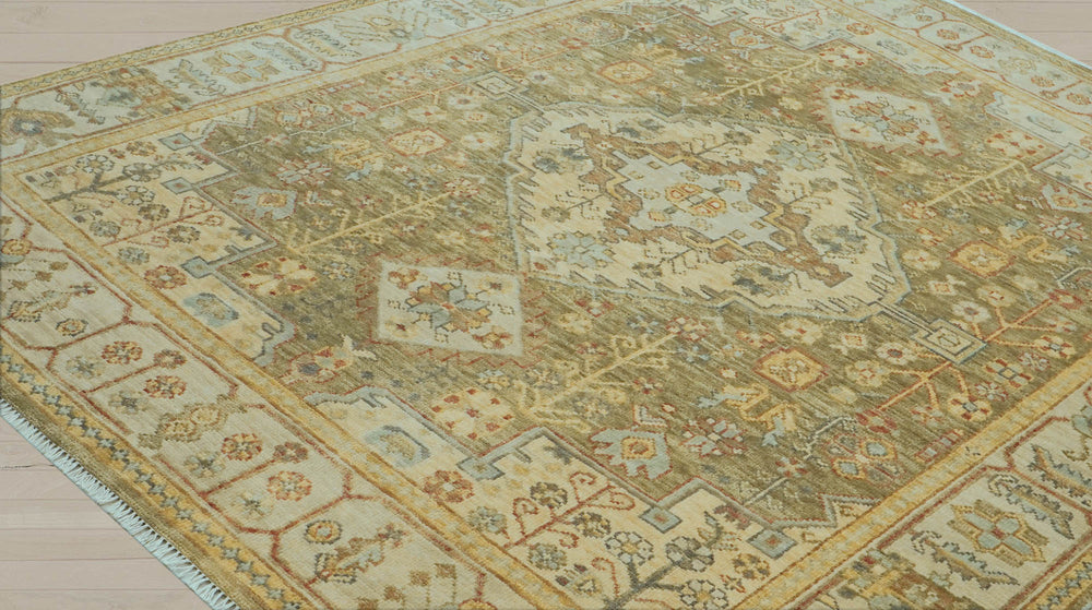 8x10 Green, Beige, Lime Color Hand Knotted Oushak Wool Traditional Oriental Rug