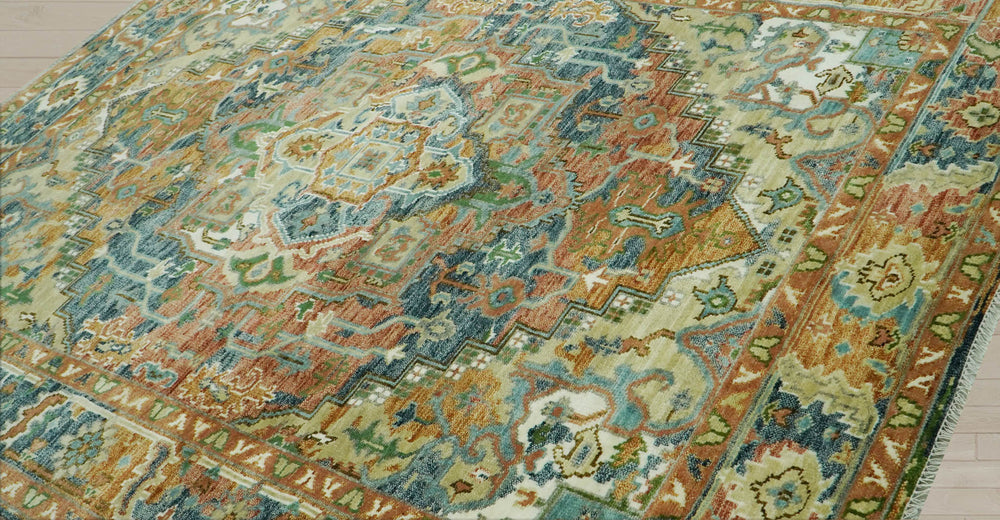 Multi Size Rust Sage Blue Color Hand Knotted Turkish Oushak Wool Traditional Oriental Rug