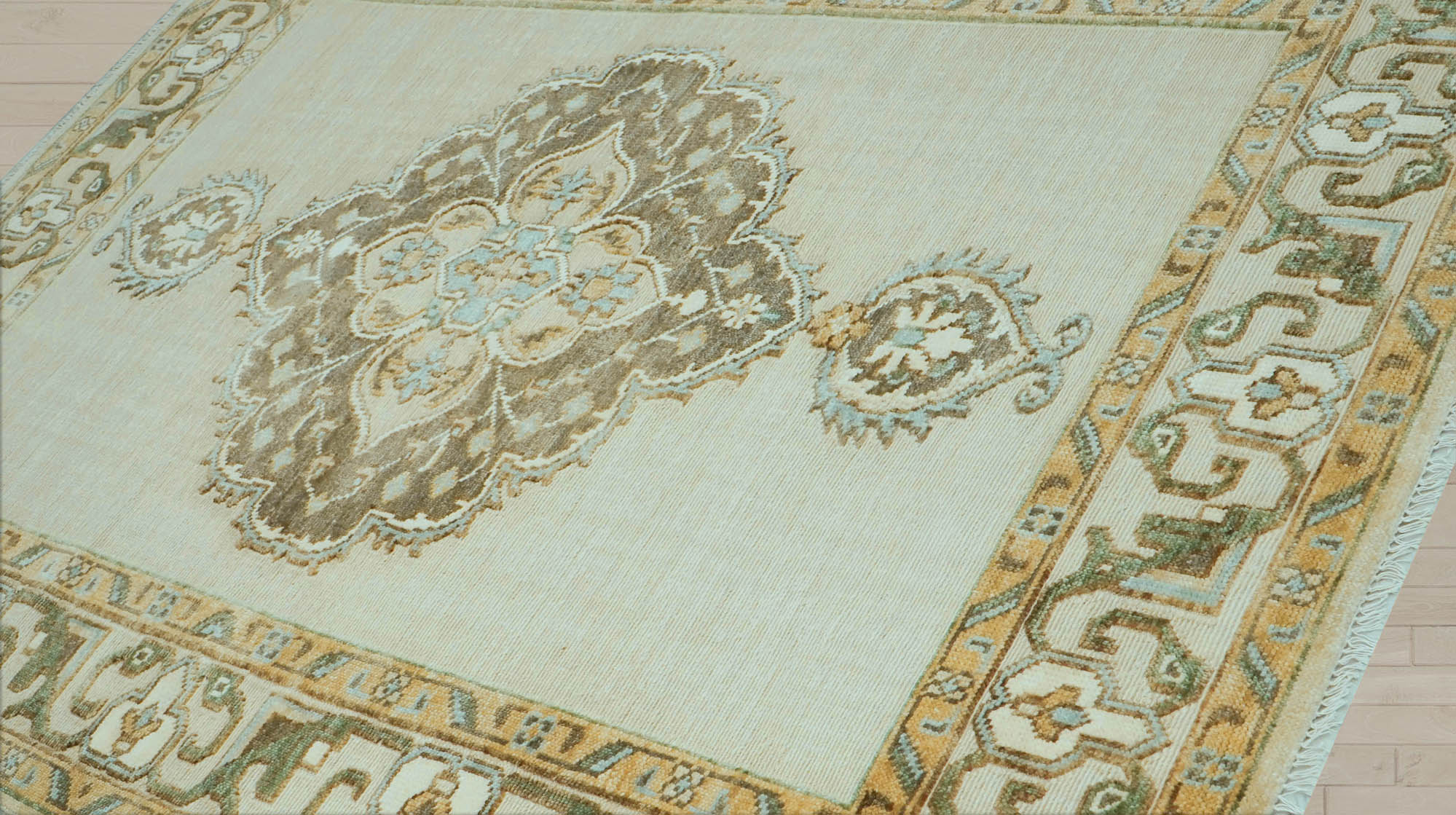 8x10 Beige, Green, Gold Color Hand Knotted Oushak Wool  Oriental Rug
