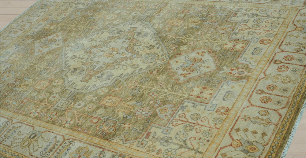 8x10 Green, Beige, Lime Color Hand Knotted Oushak Wool Traditional Oriental Rug